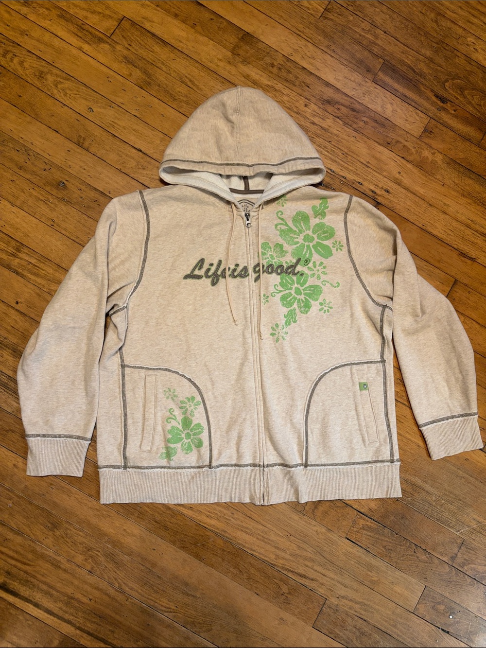 Life Is Good Cream Zip Hoodie with Green Floral Design